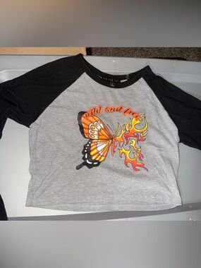 Gray and Black Raglan Long Sleeve Crop Top with Orange Butterfly Flame Graphic